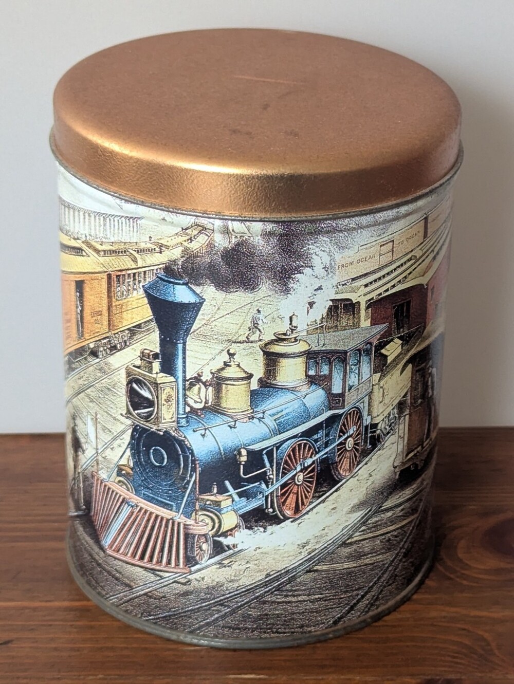 Vintage Collectible Train Americana Tin Can 5.5" Tall, 4.25" Diameter